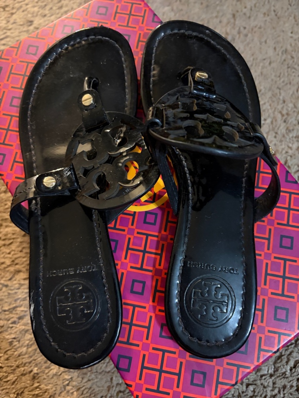Tory Burch Black Patent Logo Thong Sandals